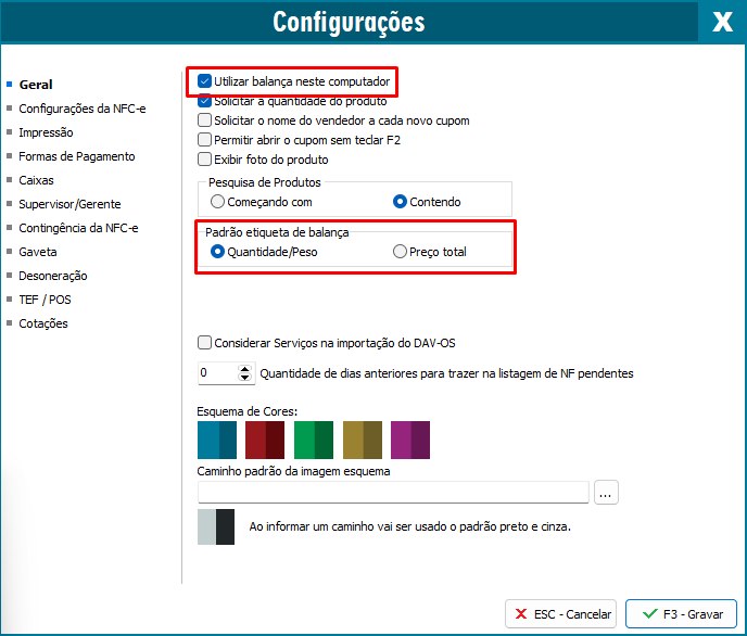 Opção Utilizar balança neste computador