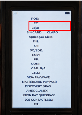 Tela da maquininha Cielo com o Número do EC e o Código Loja