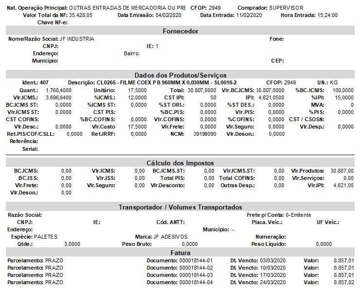 Relatório com os dados da nota fiscal de compra