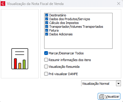 Opções de visualização do relatório da nota fiscal