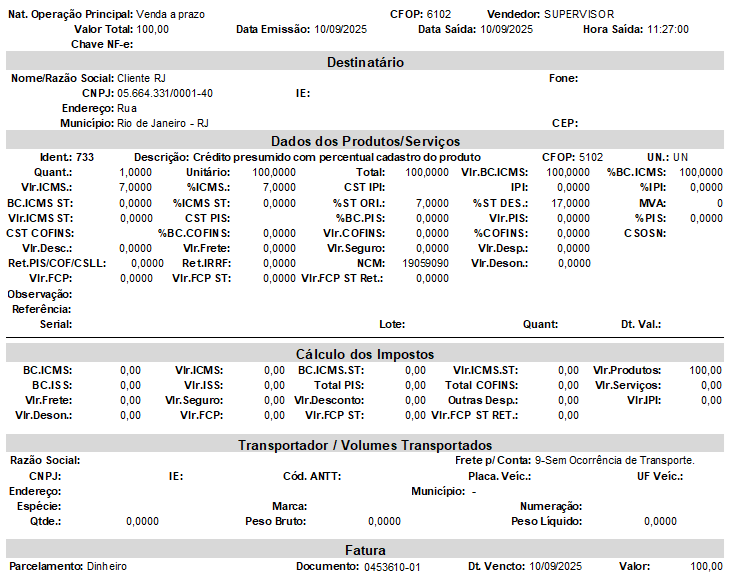 Relatório com os dados da nota fiscal de venda