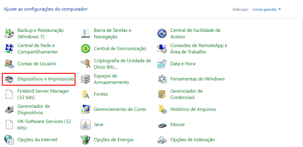 Tela Dispositivos e Impressoras do Windows